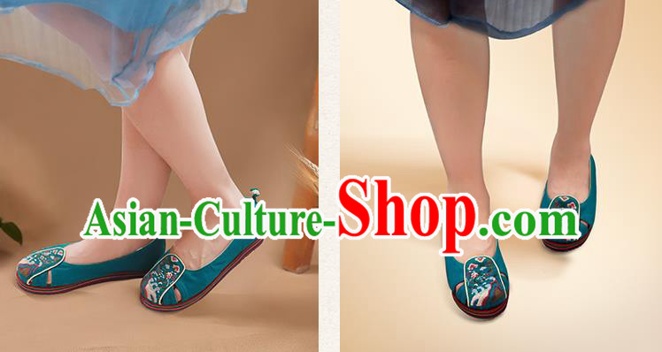 China Handmade Old Beijing Cloth Shoes National Folk Dance Shoes Embroidered Green Canvas Shoes