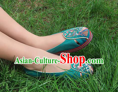 China Handmade Old Beijing Cloth Shoes National Folk Dance Shoes Embroidered Green Canvas Shoes