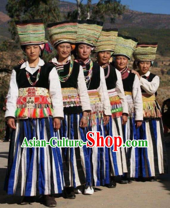Chinese Yunnan Ethnic Dance Garment Costumes Pumi Nationality Clothing Minority Woman Festival Dress Uniforms and Hat