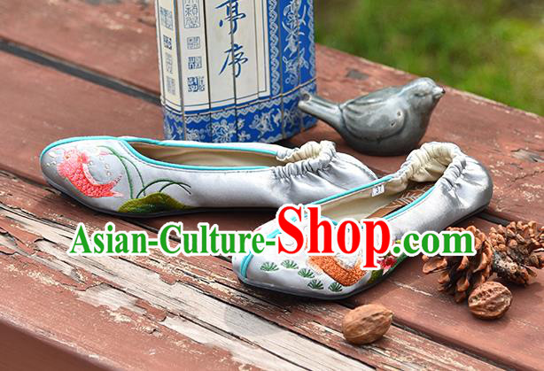 China Embroidered Lotus Fish Shoes Handmade Satin Shoes Woman Grey Brocade Shoes National Folk Dance Shoes