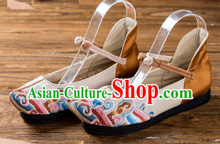 China National Old Beijing Cloth Shoes Embroidered Beige Flax Shoes Handmade Woman Shoes Folk Dance Shoes