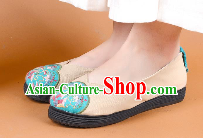 China Woman Beige Canvas Shoes National Folk Dance Shoes Embroidered Shoes Handmade Cloth Shoes