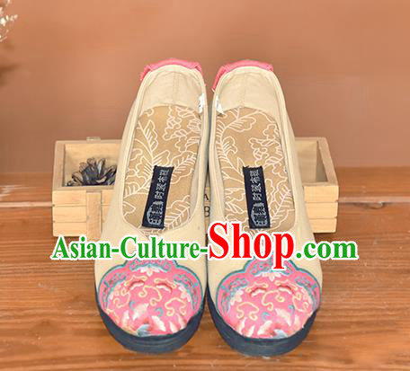 China Handmade Cloth Shoes Woman Beige Canvas Shoes National Folk Dance Shoes Embroidered Shoes