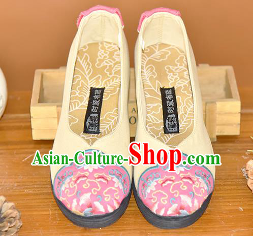 China Handmade Cloth Shoes Woman Beige Canvas Shoes National Folk Dance Shoes Embroidered Shoes
