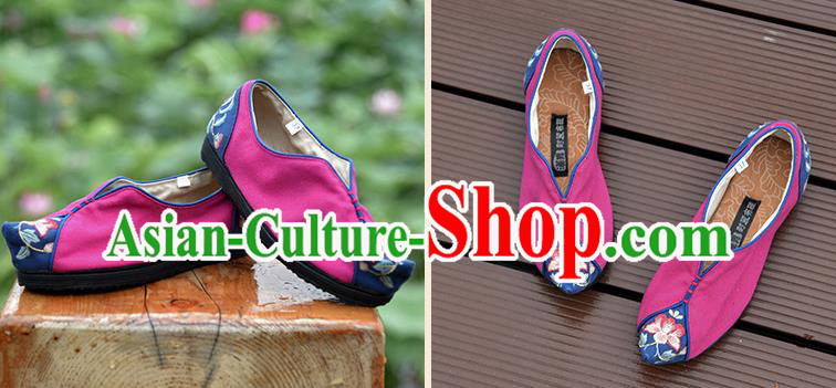 China Folk Dance Shoes National Woman Cloth Shoes Magenta Embroidered Shoes Handmade Canvas Shoes