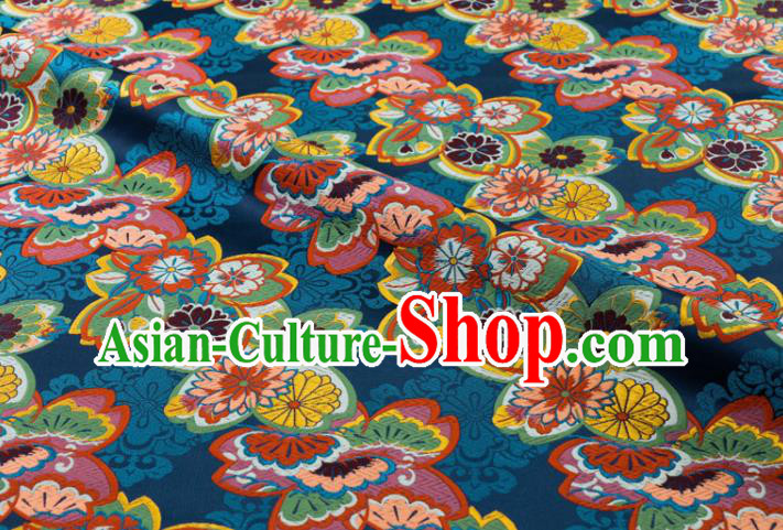 Japanese Classical Sakura Pattern Damask Traditional Cloth Fabric Kimono Blue Brocade Nishijin Tapestry Satin