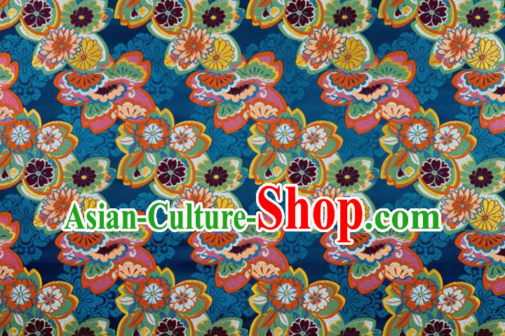 Japanese Classical Sakura Pattern Damask Traditional Cloth Fabric Kimono Blue Brocade Nishijin Tapestry Satin