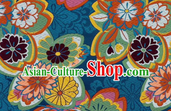 Japanese Classical Sakura Pattern Damask Traditional Cloth Fabric Kimono Blue Brocade Nishijin Tapestry Satin