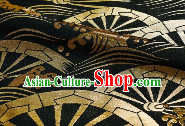 Japanese Classical Wheel Pattern Damask Traditional Kimono Cloth Fabric Black Brocade Nishijin Tapestry Satin