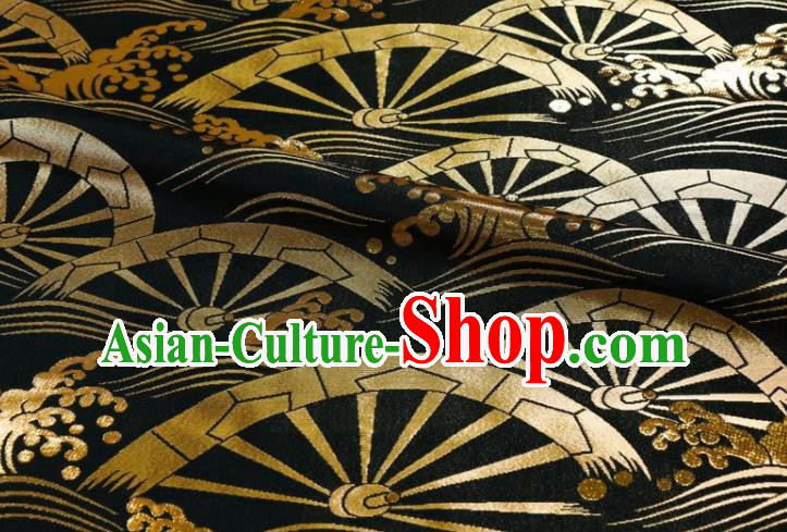 Japanese Classical Wheel Pattern Damask Traditional Kimono Cloth Fabric Black Brocade Nishijin Tapestry Satin