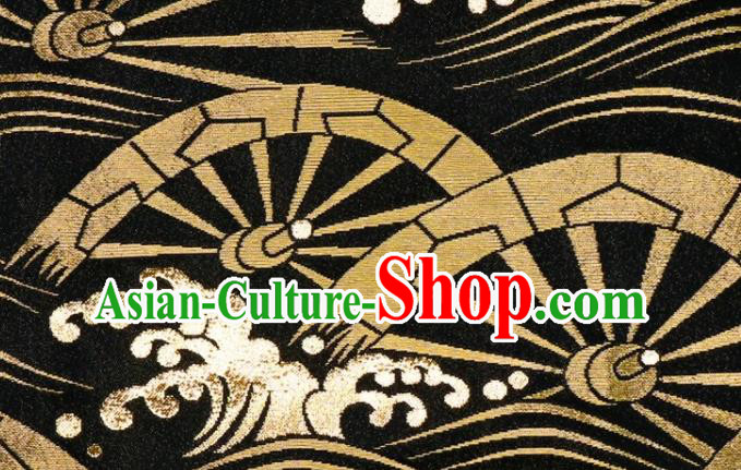 Japanese Classical Wheel Pattern Damask Traditional Kimono Cloth Fabric Black Brocade Nishijin Tapestry Satin