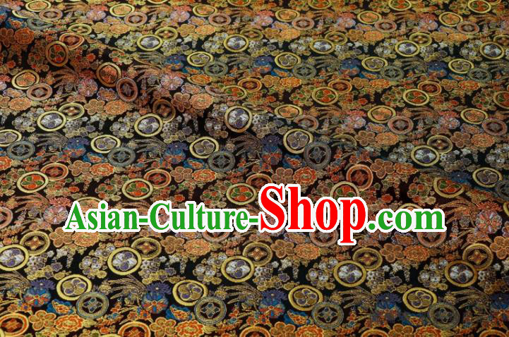 Japanese Nishijin Tapestry Classical Flowers Pattern Damask Traditional Kimono Satin Cloth Black Brocade Fabric