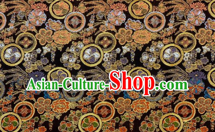 Japanese Nishijin Tapestry Classical Flowers Pattern Damask Traditional Kimono Satin Cloth Black Brocade Fabric