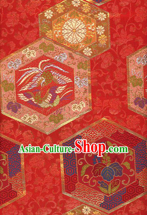 Japanese Kimono Satin Cloth Nishijin Tapestry Classical Damask Traditional Phoenix Pattern Red Brocade Fabric