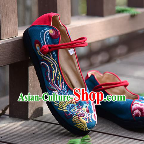 China Woman Folk Dance Shoes National Cloth Shoes Traditional Embroidered Phoenix Peony Shoes Handmade Blue Canvas Shoes