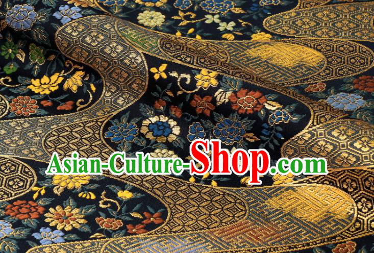 Japanese Kimono Satin Cloth Traditional Damask Drapery Classical Nishijin Tapestry Royal Chrysanthemum Peony Pattern Navy Brocade Fabric
