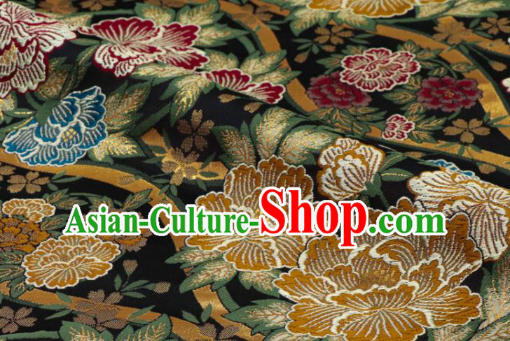 Japanese Classical Damask Drapery Royal Peony Pattern Black Brocade Fabric Kimono Satin Cloth Traditional Nishijin Tapestry
