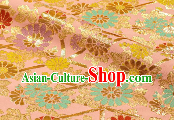 Japanese Royal Chrysanthemum Pattern Pink Brocade Kimono Satin Cloth Traditional Nishijin Tapestry Fabric Classical Damask Drapery