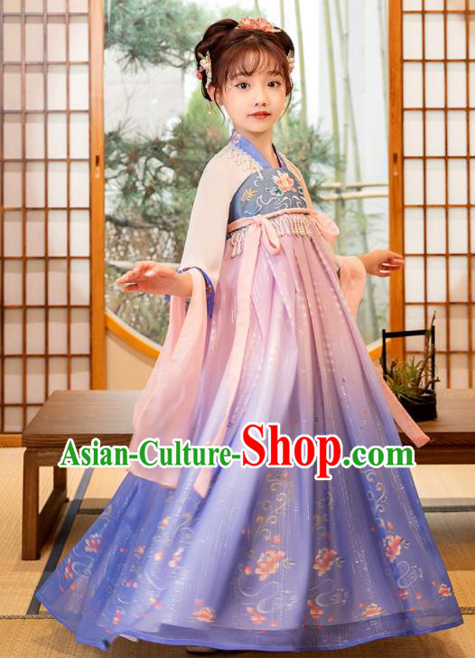 Chinese Traditional Blue Hanfu Dress Girl Princess Garments Children Classical Dance Performance Clothing