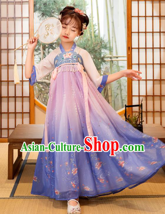 Chinese Traditional Blue Hanfu Dress Girl Princess Garments Children Classical Dance Performance Clothing