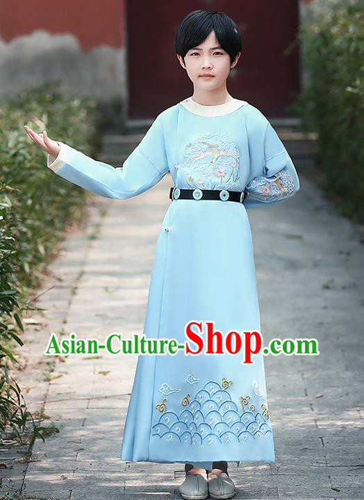 China Tang Dynasty Swordsman Embroidered Blue Robe Traditional Dance Performance Clothing Ancient Boys Knight Garment Costume