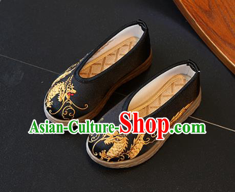 Chinese Boys Embroidered Dragon Shoes Ming Dynasty Black Cloth Shoes Traditional Children Hanfu Shoes