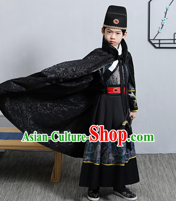 China Traditional Children Black Feiyu Robe Ming Dynasty Boys Imperial Guards Clothing Ancient Swordsman Garment Costume