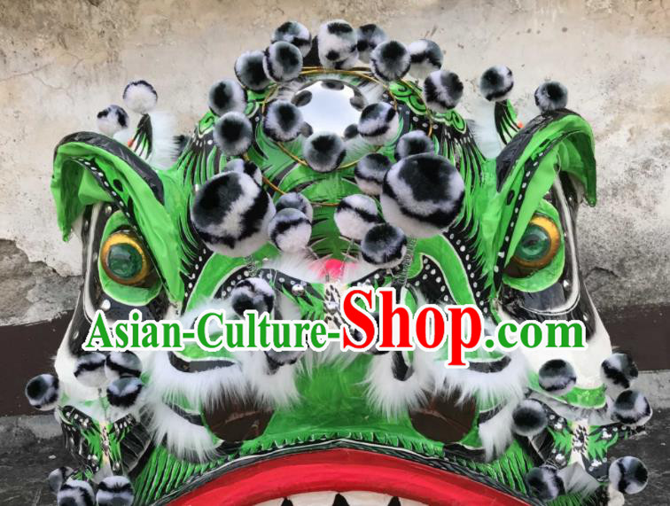 China Southern Lion Dance Performance White Fur Costumes Spring Festival Lion Dancing Competition Uniforms Handmade Green Lion Head