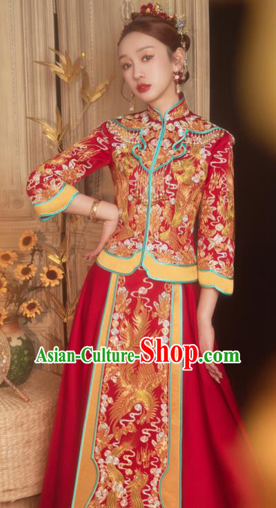 China Traditional Wedding Garment Costumes Classical Xiuhe Suits Embroidered Bride Red Dress Toast Clothing