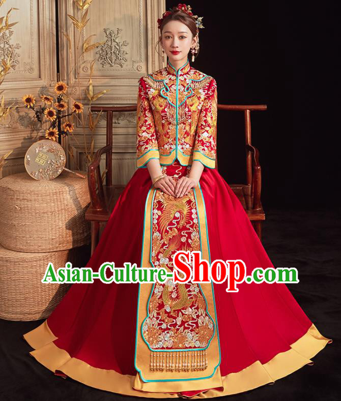 China Traditional Wedding Garment Costumes Classical Xiuhe Suits Embroidered Bride Red Dress Toast Clothing