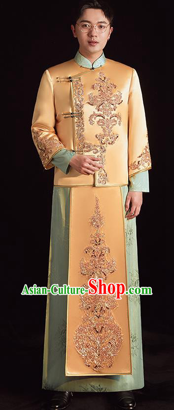 Chinese Ancient Bridegroom Clothing Traditional Wedding Male Uniforms Embroidered Yellow Mandarin Jacket and Long Robe