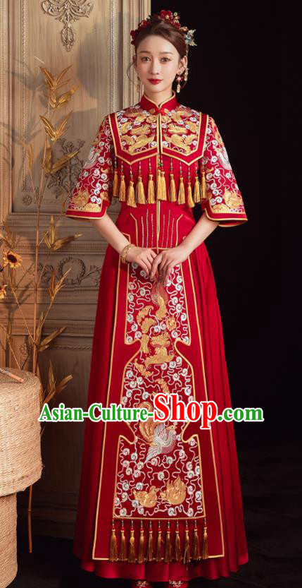 China Embroidered Bride Red Dress Toast Clothing Traditional Wedding Garment Costumes Classical Xiuhe Suits