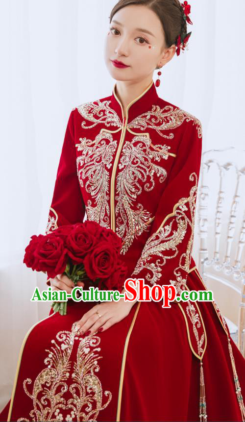 China Classical Xiuhe Suits Embroidered Bride Red Dress Toast Clothing Traditional Wedding Garment Costumes