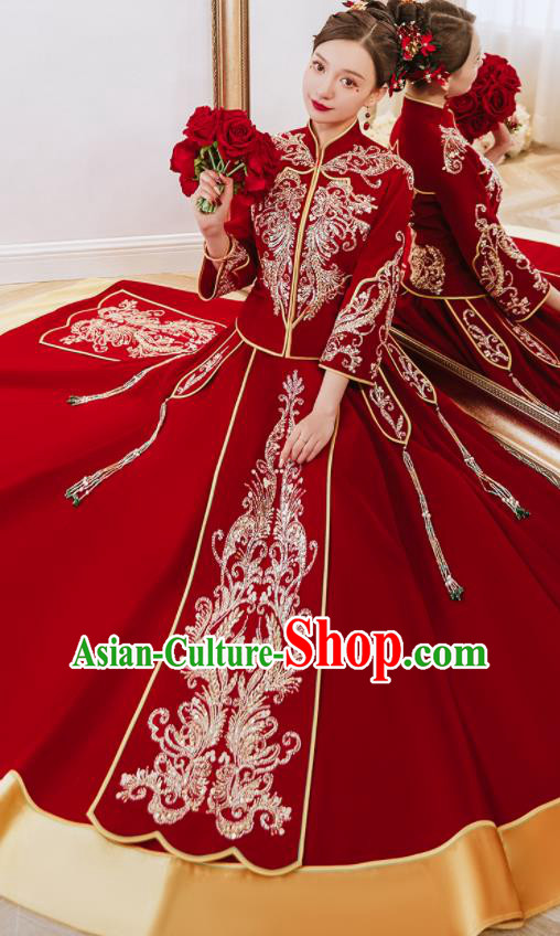 China Classical Xiuhe Suits Embroidered Bride Red Dress Toast Clothing Traditional Wedding Garment Costumes