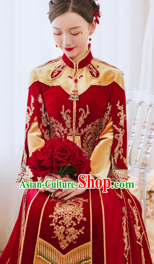 China Traditional Wedding Garment Costumes Classical Red Xiuhe Suits Embroidered Dress Bride Toast Clothing