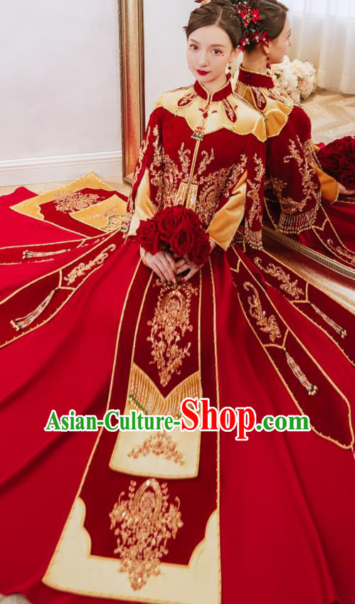 China Traditional Wedding Garment Costumes Classical Red Xiuhe Suits Embroidered Dress Bride Toast Clothing