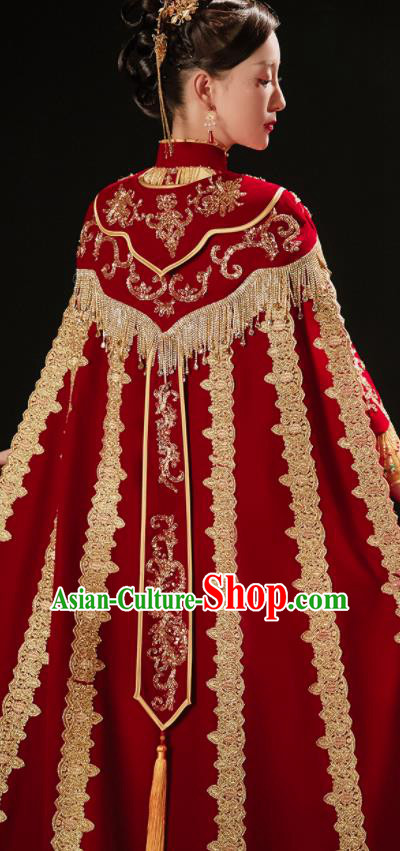 China Wedding Bride Trailing Cape Traditional Xiuhe Suit Red Long Cloak Bridal Dress Clothing