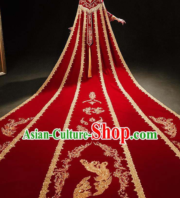 China Wedding Bride Trailing Cape Traditional Xiuhe Suit Red Long Cloak Bridal Dress Clothing