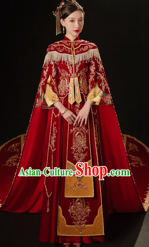 China Wedding Bride Trailing Cape Traditional Xiuhe Suit Red Long Cloak Bridal Dress Clothing