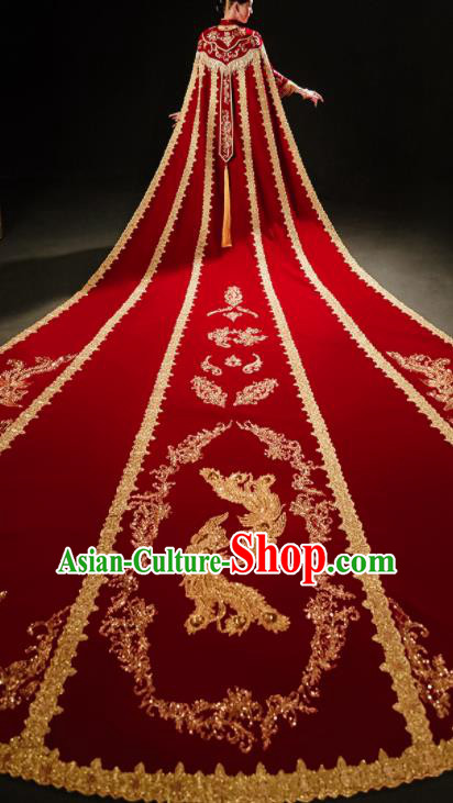 China Wedding Bride Trailing Cape Traditional Xiuhe Suit Red Long Cloak Bridal Dress Clothing