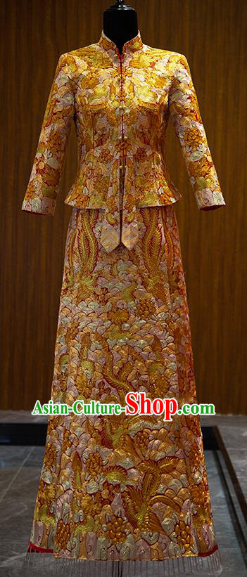 China Classical Golden Xiuhe Suits Embroidered Phoenix Dress Bride Toast Clothing Traditional Wedding Garment Costumes