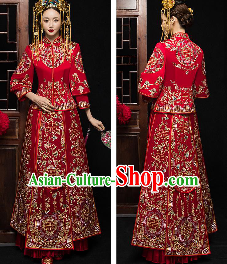 China Bride Embroidered Dress Traditional Toast Clothing Classical Wedding Garment Costumes Red Xiuhe Suits