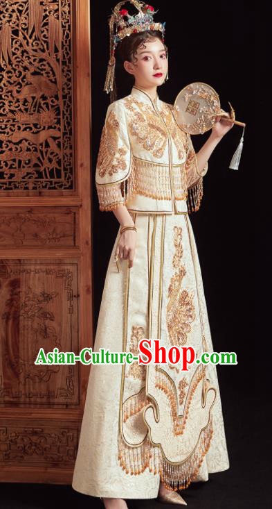 China Classical Wedding Garment Costumes Champagne Xiuhe Suits Bride Embroidered Dress Traditional Toast Clothing