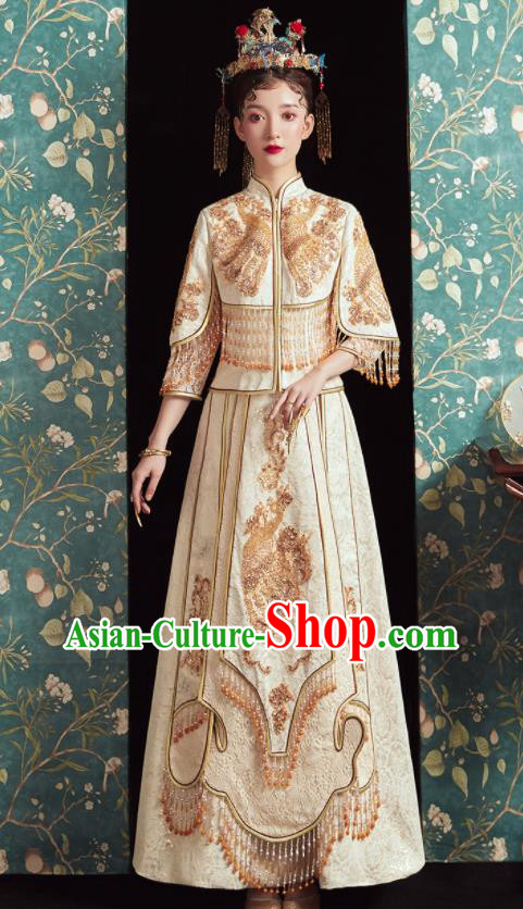 China Classical Wedding Garment Costumes Champagne Xiuhe Suits Bride Embroidered Dress Traditional Toast Clothing