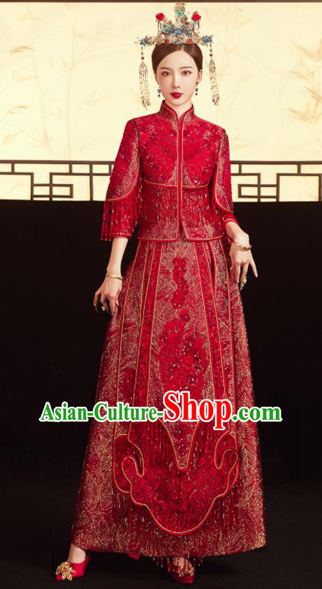 China Traditional Toast Clothing Classical Wedding Garment Costumes Red Xiuhe Suits Bride Embroidered Dress