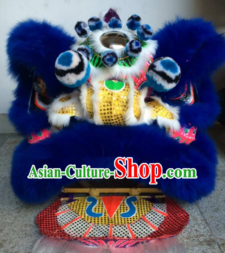 China Handmade Royalblue Fur Lion Head Southern Lion Dance Competition Costumes Spring Festival Lion Dancing Performance Uniforms