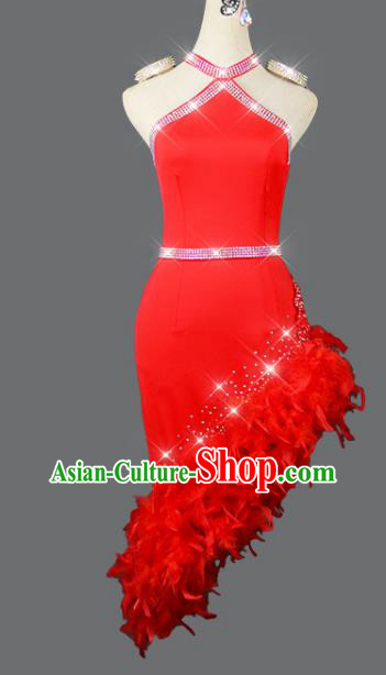 Professional Women Group Dancing Clothing Cha Cha Fashion Latin Dance Competition Red Feather Dress Modern Dance Costume