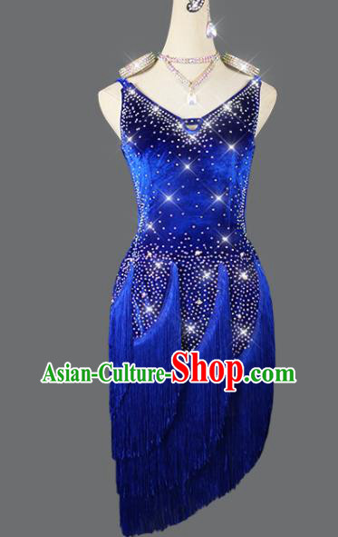 Professional Modern Dance Costume Women Group Dancing Clothing Cha Cha Fashion Latin Dance Competition Royalblue Tassel Dress