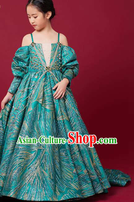 High Quality Stage Show Green Full Dress Girl Catwalks Fashion Children Performance Dress Chorus Clothing