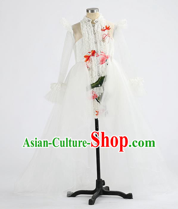 Custom Girl Compere Fashion Clothing Stage Show Trailing Dress Catwalks White Full Dress Children Dancewear